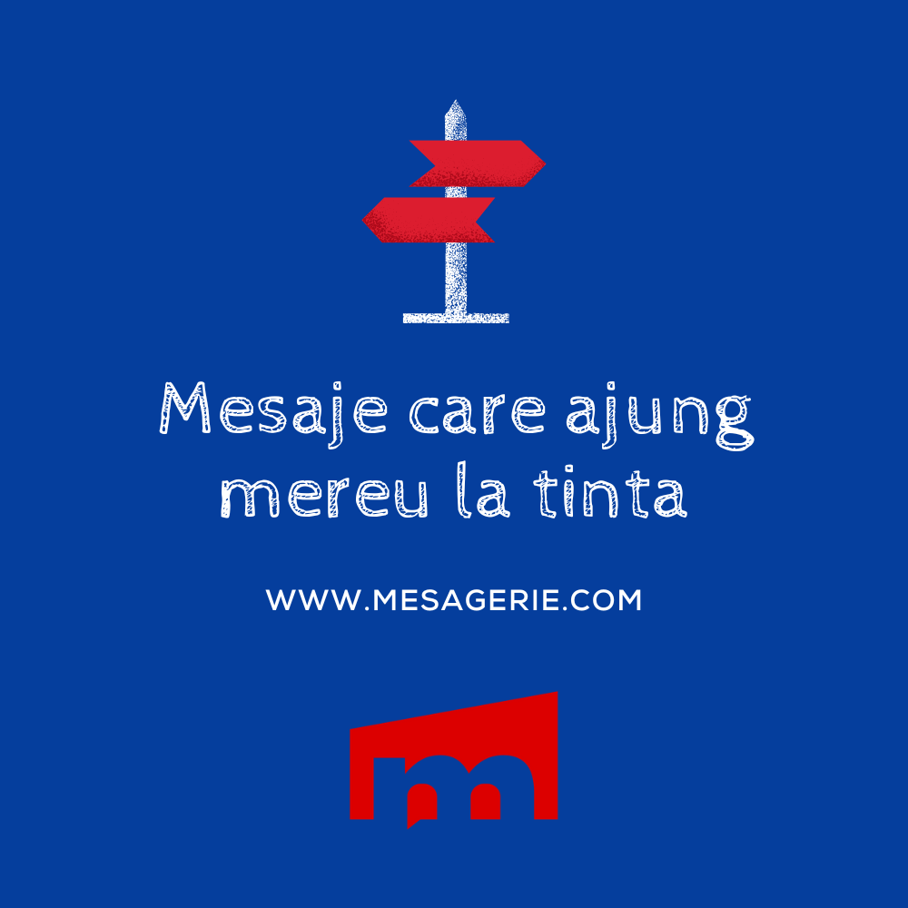 Grafică Mesagerie.com: săgeți roșii țintite, slogan „Mesaje care ajung mereu la țintă”, design albastru minimalist pentru cold emailing precis.